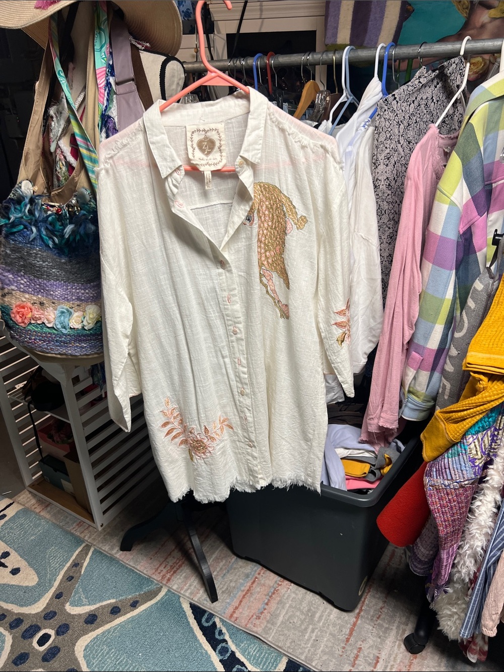 Cream Embroidered Button-Up Shirt with Fish Motif
